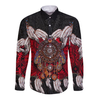 Black long-sleeve button shirt with dreamcatcher graphic, feather wings and tribal patterns