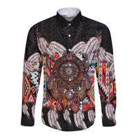 Unisex black long-sleeve button shirt with dreamcatcher and feather graphic