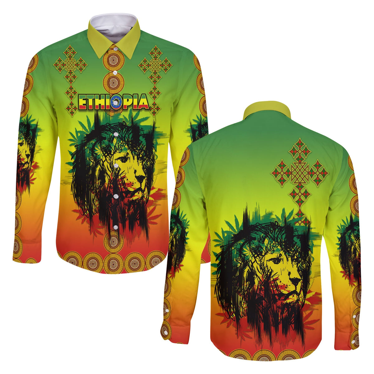 Colorful long-sleeve button shirt, green-yellow-orange gradient; lion face; ETHIOPIA text