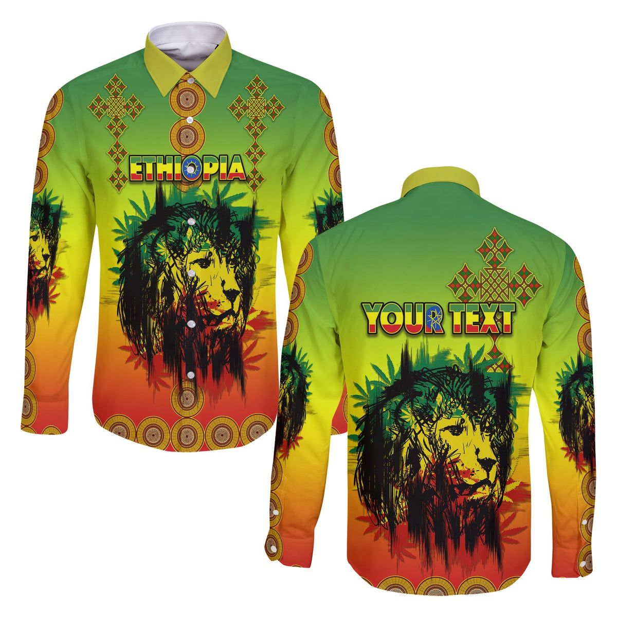 Reggae long-sleeve button shirt, green-yellow-orange gradient, lion artwork front