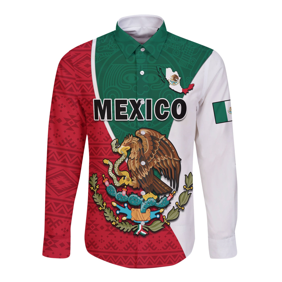 Long-sleeve button shirt back: green Aztec yoke, red sleeves, 'YOUR TEXT' and number 14.