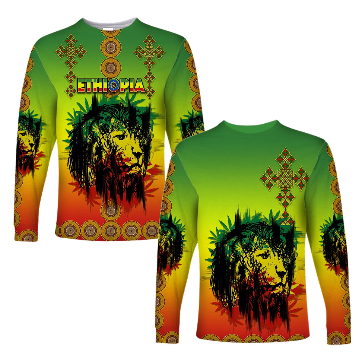 Unisex long-sleeve Ethiopia lion graphic shirt, green-yellow with cross and circular trim