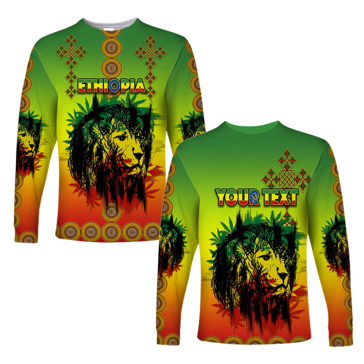 Unisex-Langarmshirt Reggae mit Äthiopien-Löwe & Kreuz-Grafik, bunt