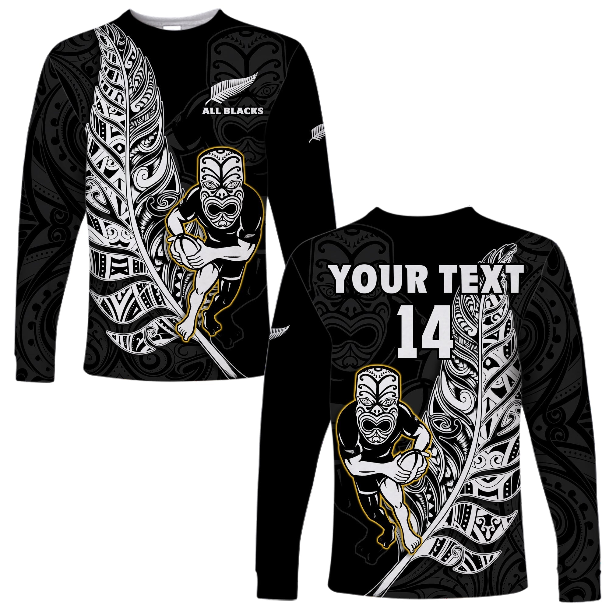 Custom Text And Number New Zealand 2022 Rugby Long Sleeve Shirt All Black Silver Fern Maori Pattern Version Black - Wonder Print Shop