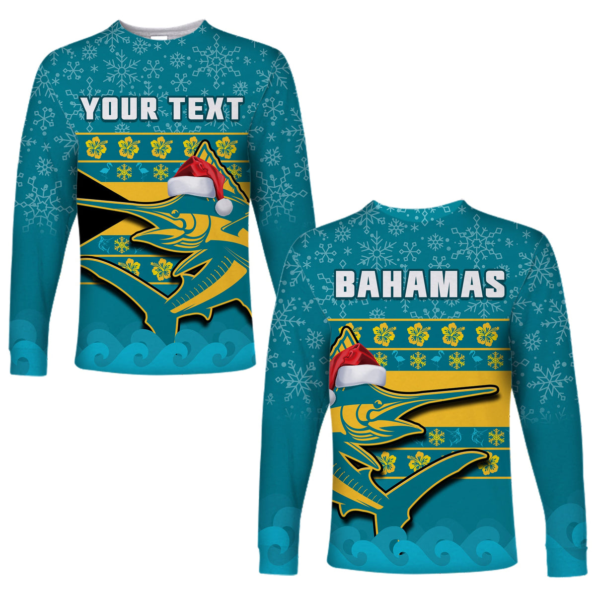 Long-sleeve Bahamas holiday shirt in teal with marlin graphic and 'YOUR TEXT'