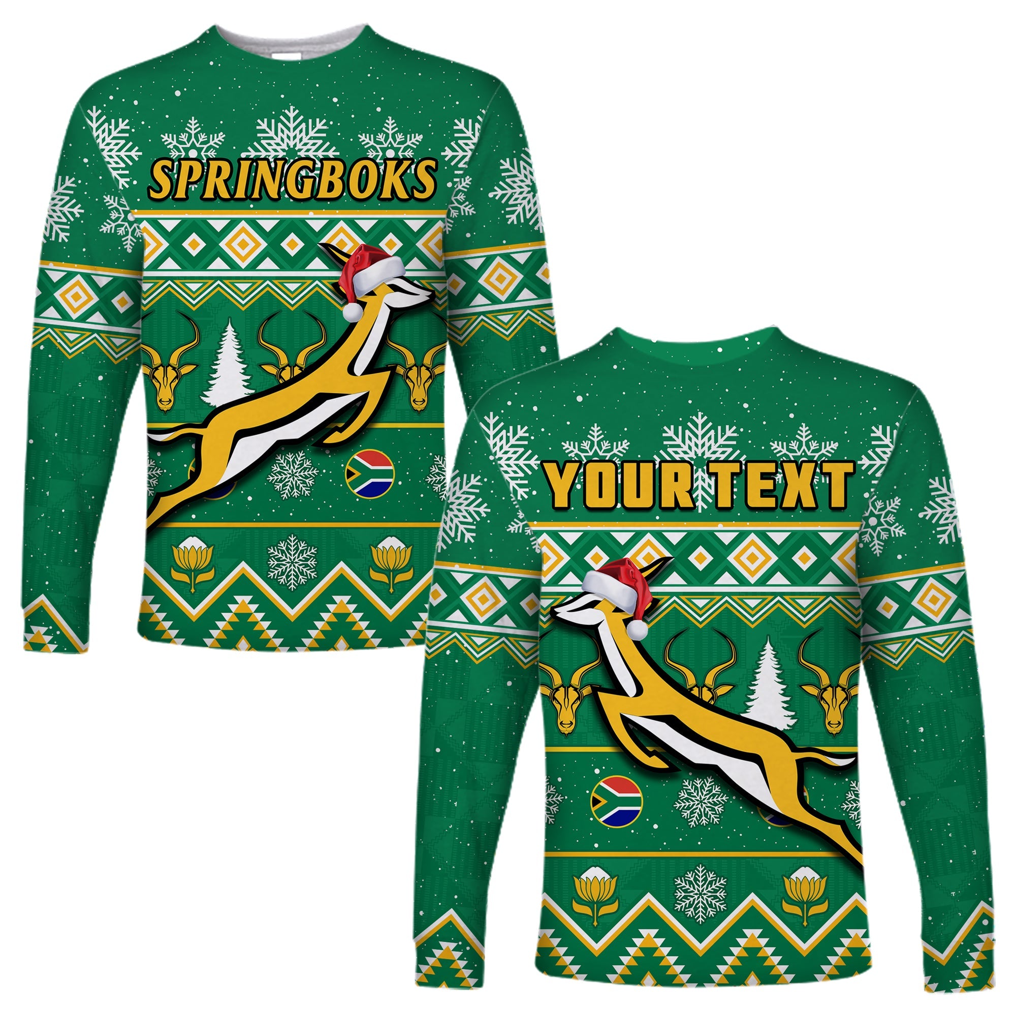 (Custom Personalised) South Africa Rugby Christmas Long Sleeve Shirt Springboks Proud Geseende Kersfees - Wonder Print Shop