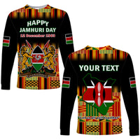 Black long sleeve Kenya pattern shirt, front 'HAPPY JAMHURI DAY' and back 'YOUR TEXT'.