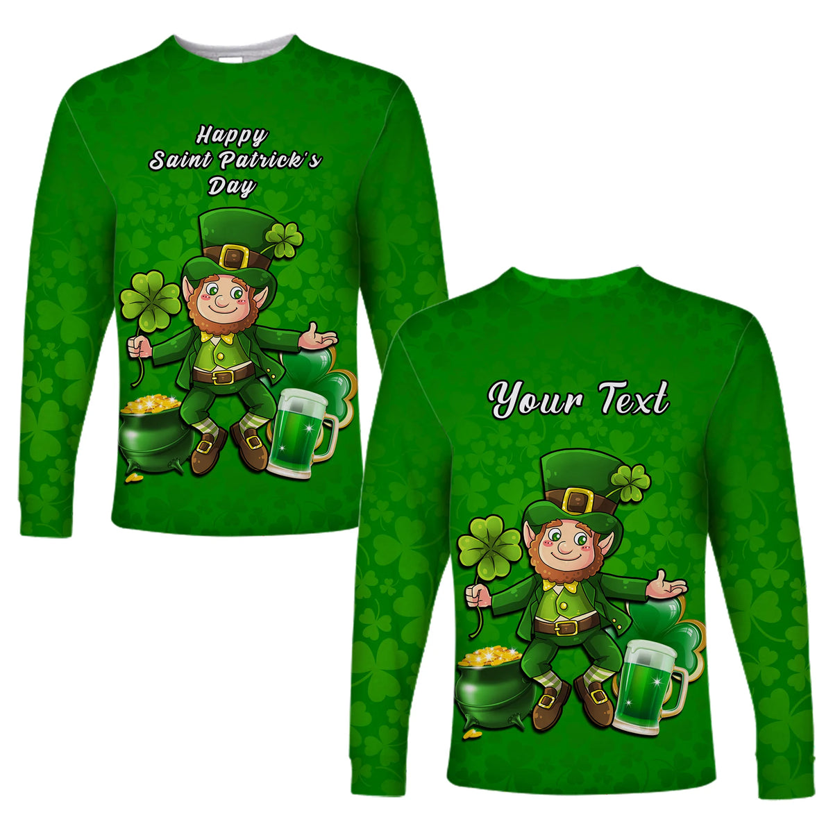 Green unisex long sleeve shirt with Happy Saint Patrick’s Day leprechaun art