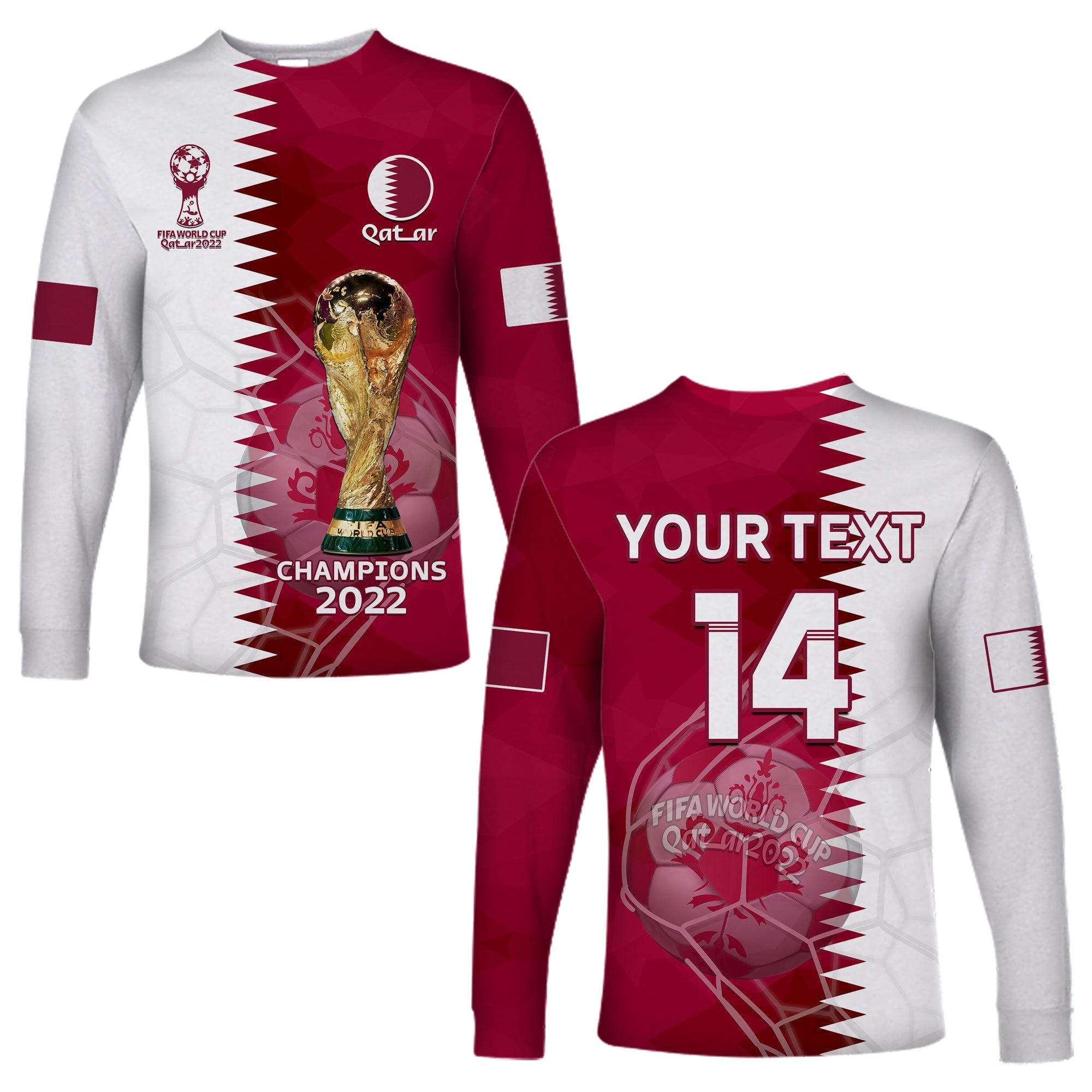 (Custom Text And Number) Qatar Football Long Sleeve Shirt Annabi Champions Proud WC 2022 - Wonder Print Shop