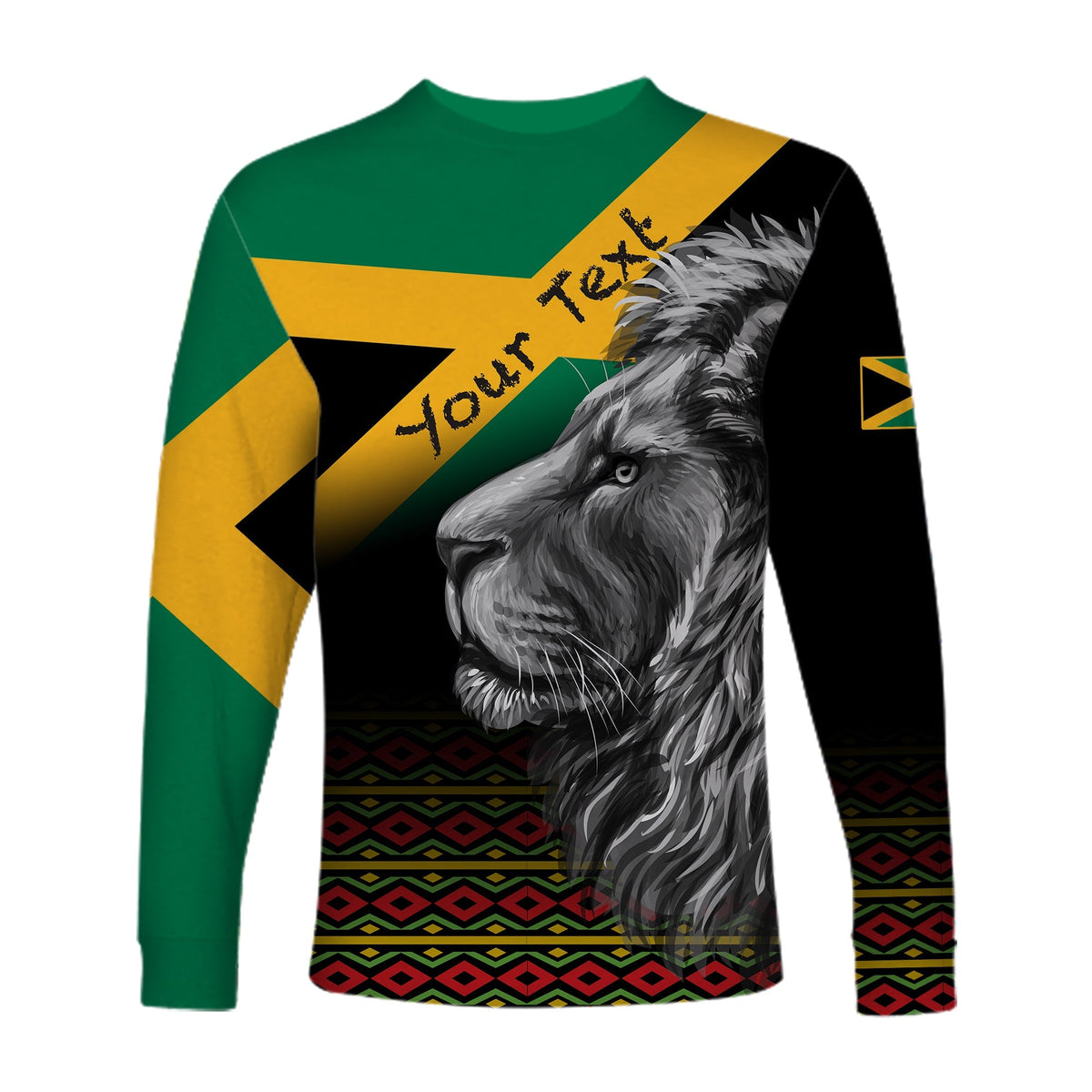 Unisex long sleeve shirt with lion face, 'Your King' text, Jamaica flag pattern, black