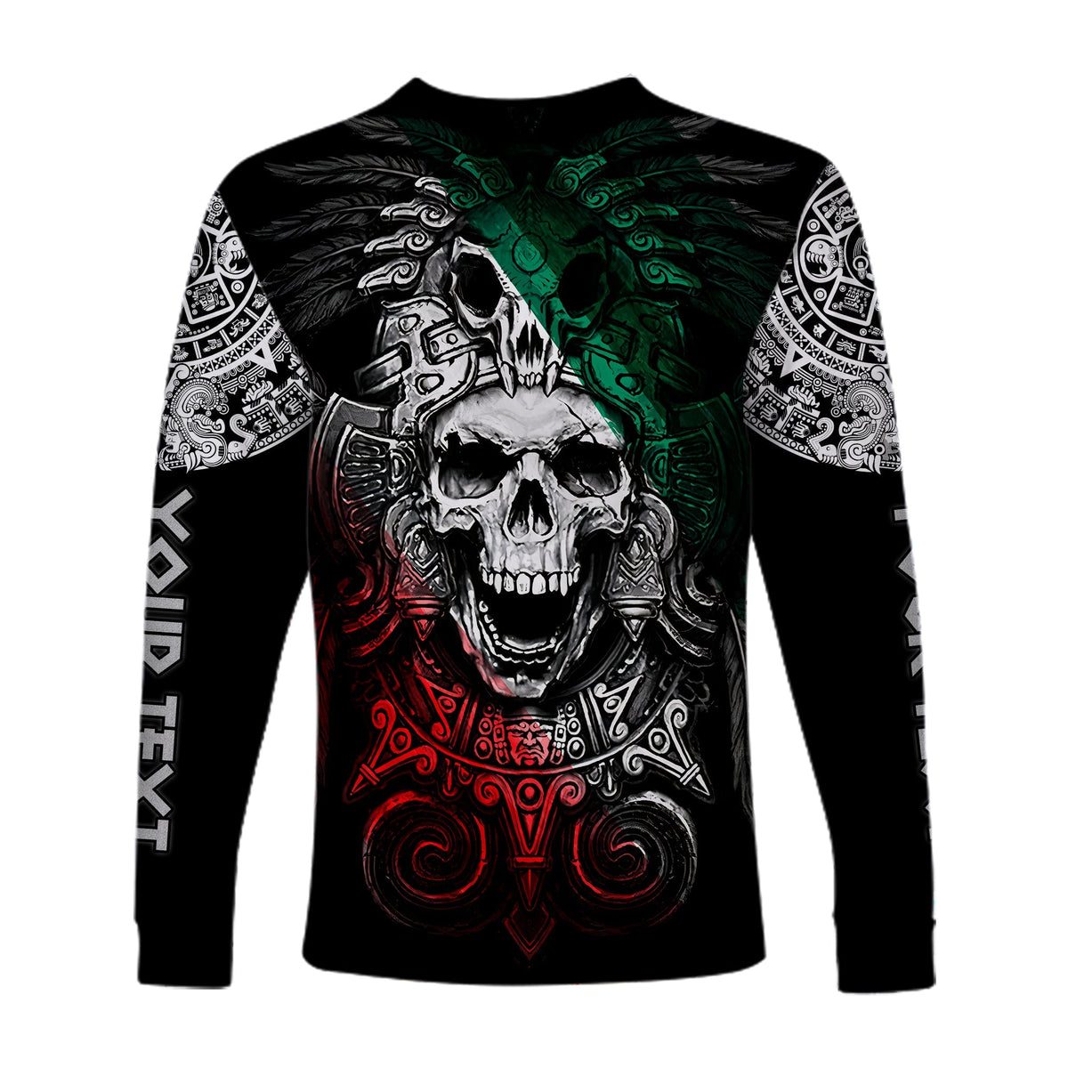 Black long sleeve shirt with skull, metallic eagle head, red and green swirl ornaments