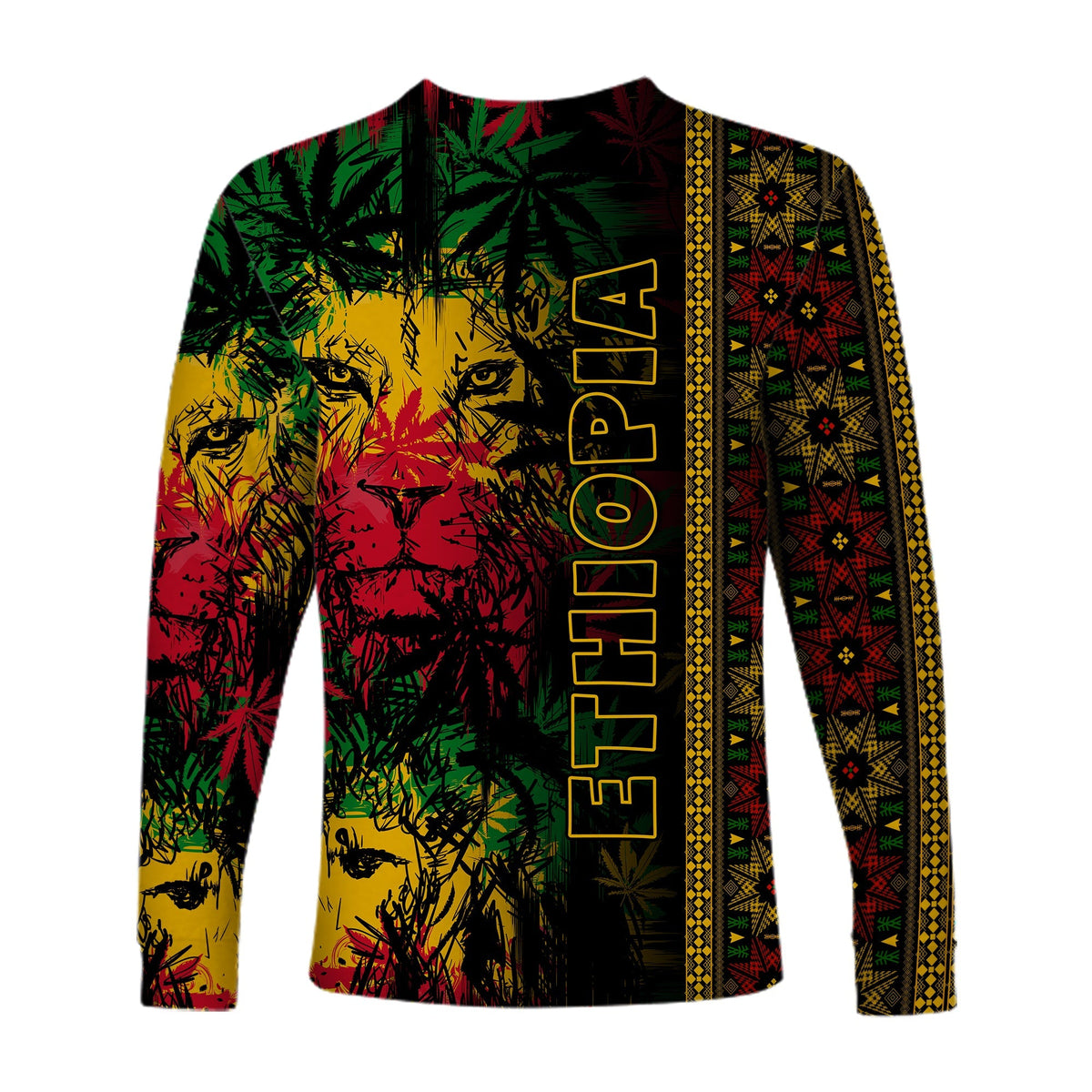 Unisex long sleeve reggae shirt, Ethiopian flag lion print with vertical ETHIOPIA text