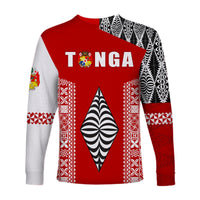 Red long-sleeve rugby shirt back with large TONGA lettering, triangular emblem, patterned cuffs