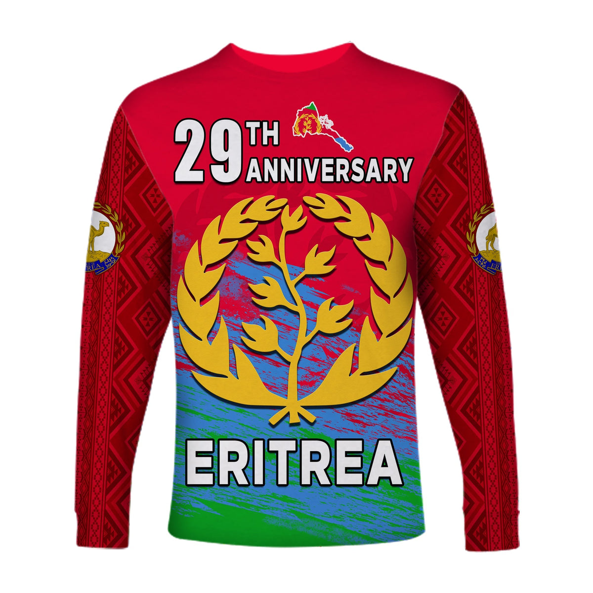 Red unisex long-sleeve shirt with 29th anniversary text, ERITREA and tree emblem
