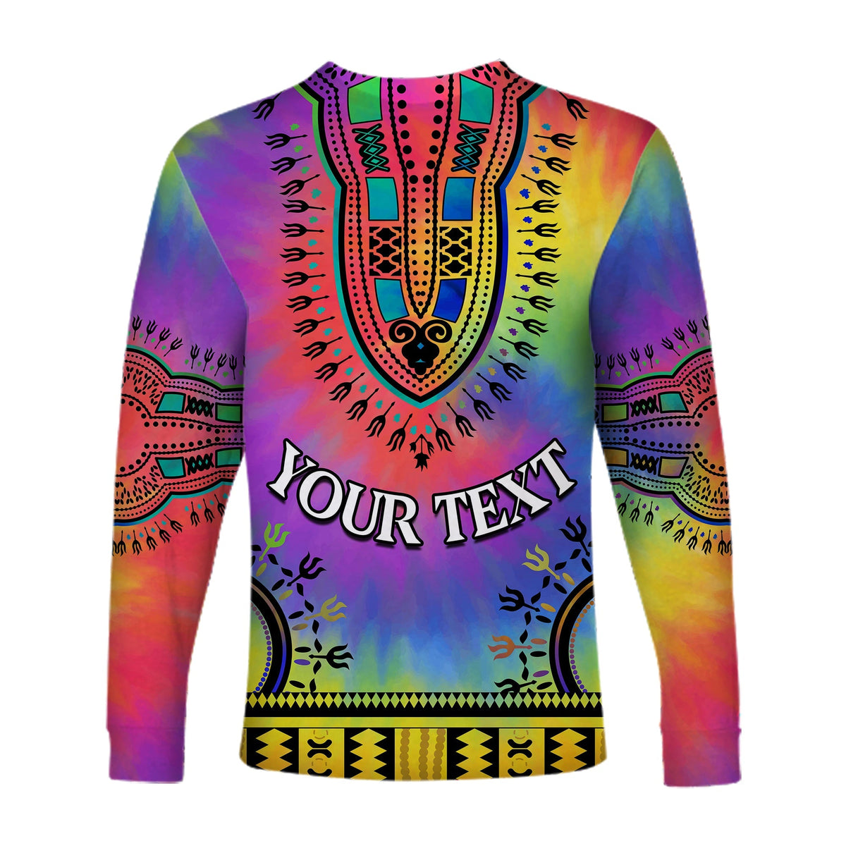 Dashiki Langarmshirt Tie-Dye mit V-Ausschnitt, Tribal-Muster und 'YOUR TEXT' mittig