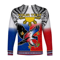 White unisex long-sleeve shirt with YOUR TEXT and eagle graphic on red/blue panels