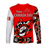 Red long sleeve shirt Happy Canada Day text with maple leaf and bear art