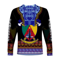 Black long-sleeve shirt with blue and gold Atoghu back emblem and banner