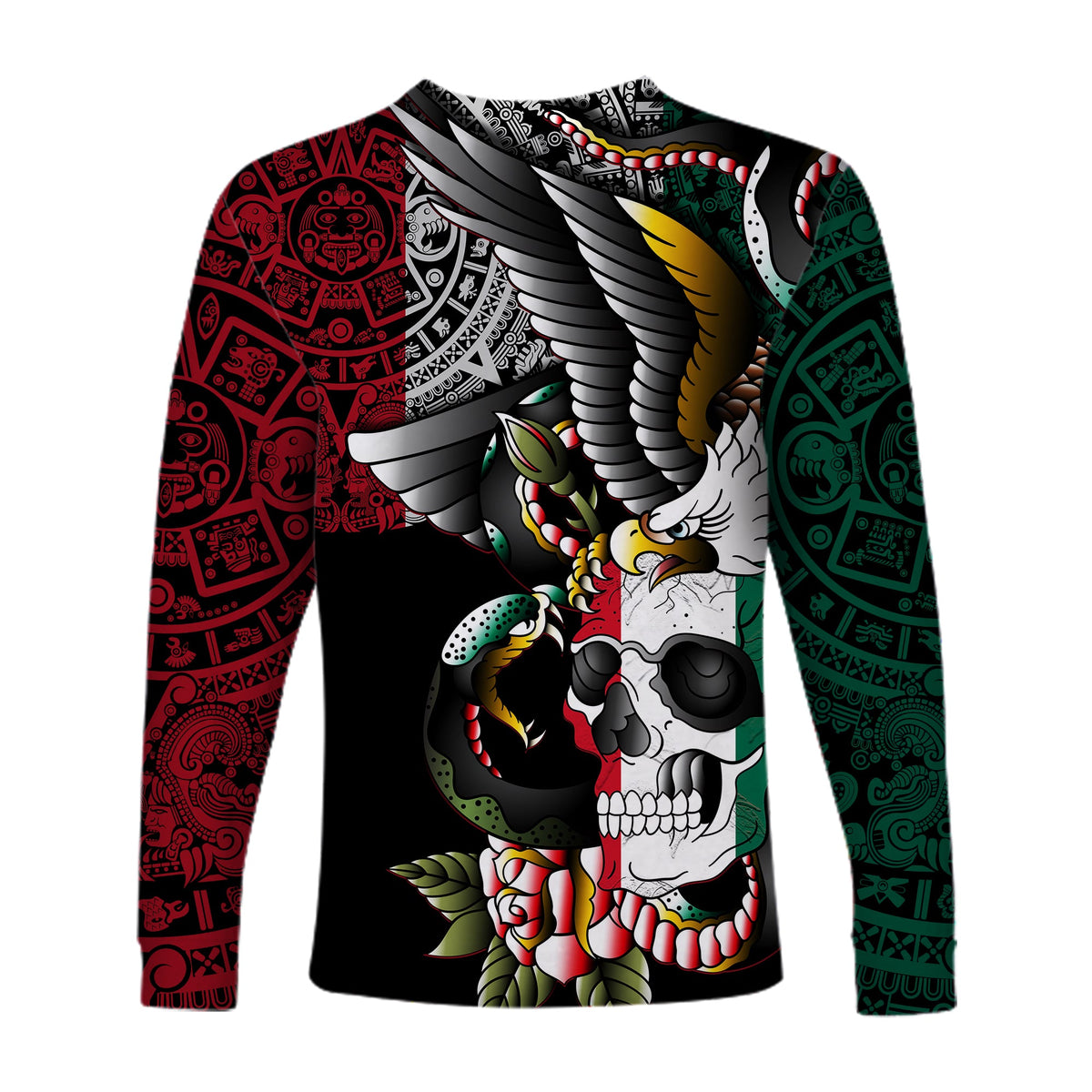 Black long-sleeve shirt with skull and eagle wings, red left and green right panels graphic