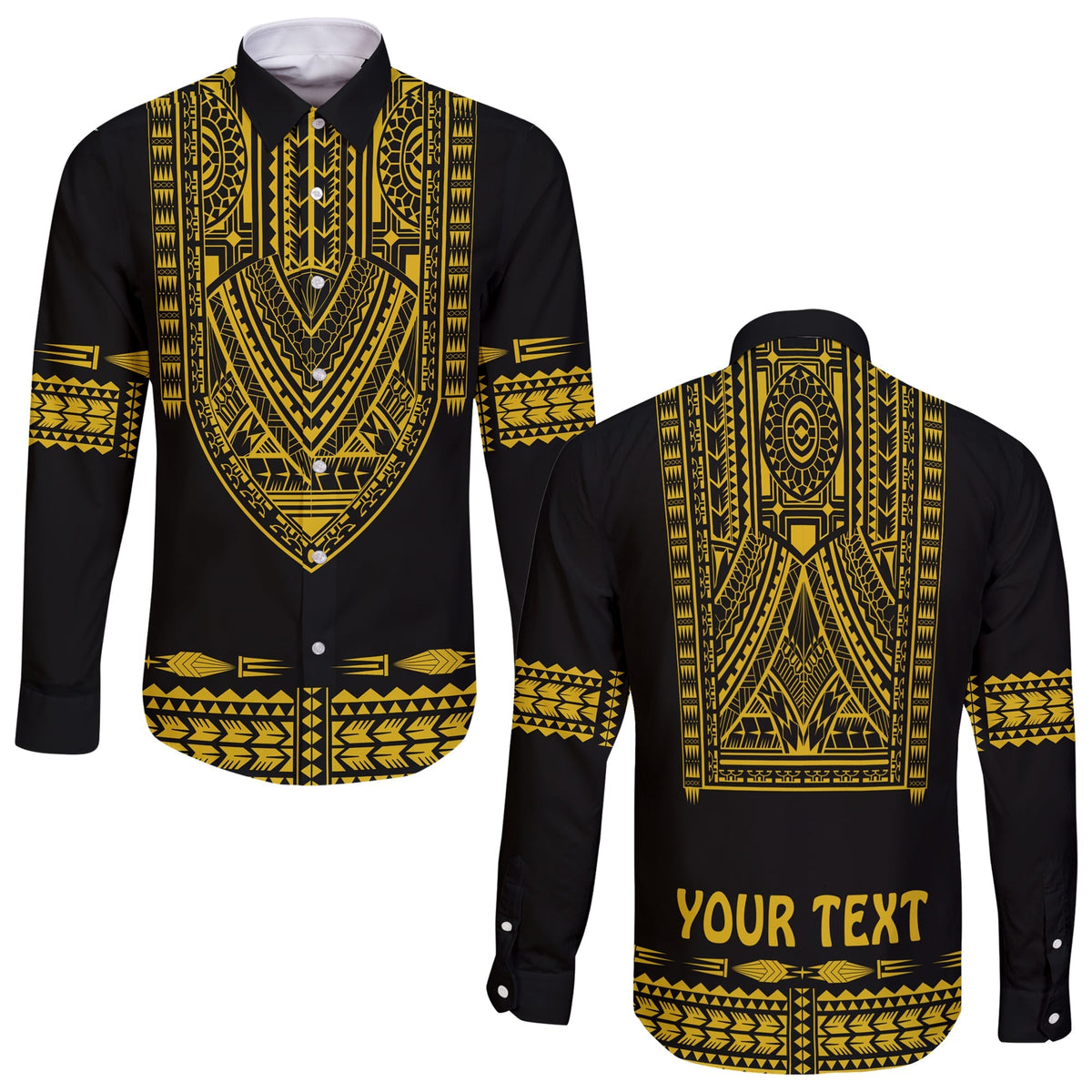 Black long sleeve button shirt with gold Polynesian dashiki pattern, YOUR TEXT on front