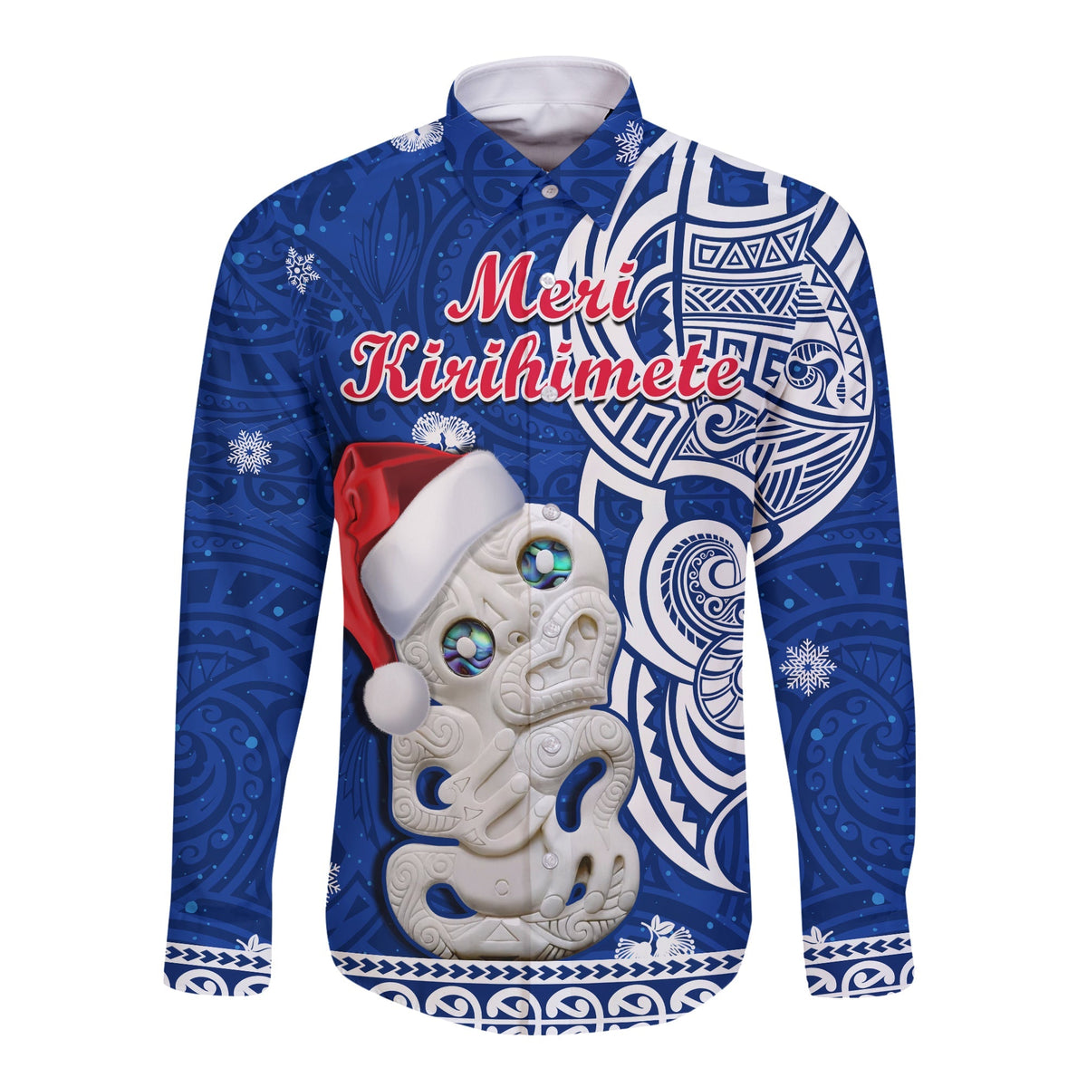 Blue long-sleeve button shirt with front graphic and red Merry Kirihimete text