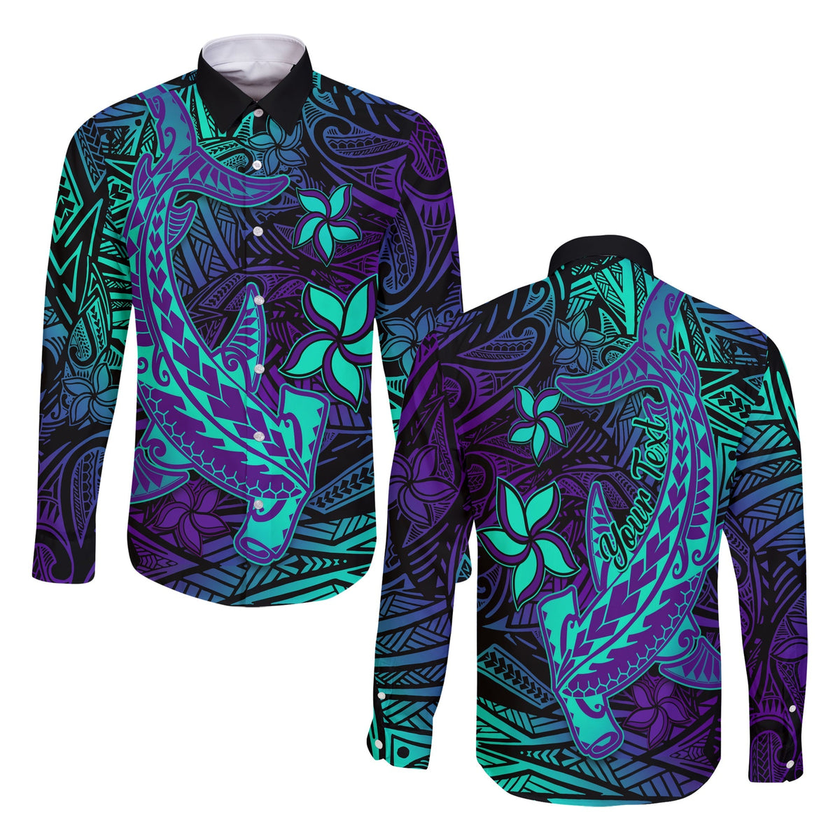 Long sleeve button-up shirt in purple with teal tropical tribal print, open collar