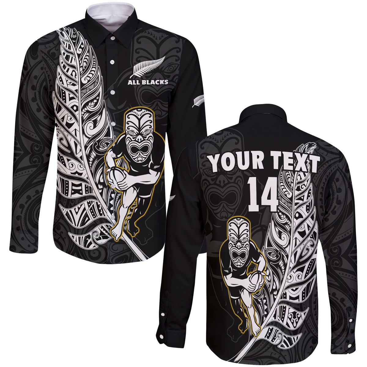 Black long-sleeve button rugby shirt with Maori-style patterns, All Blacks logo and front print