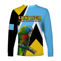 Long-sleeve shirt back with blue and black panels, yellow shapes, Saint Lucia text and parrot