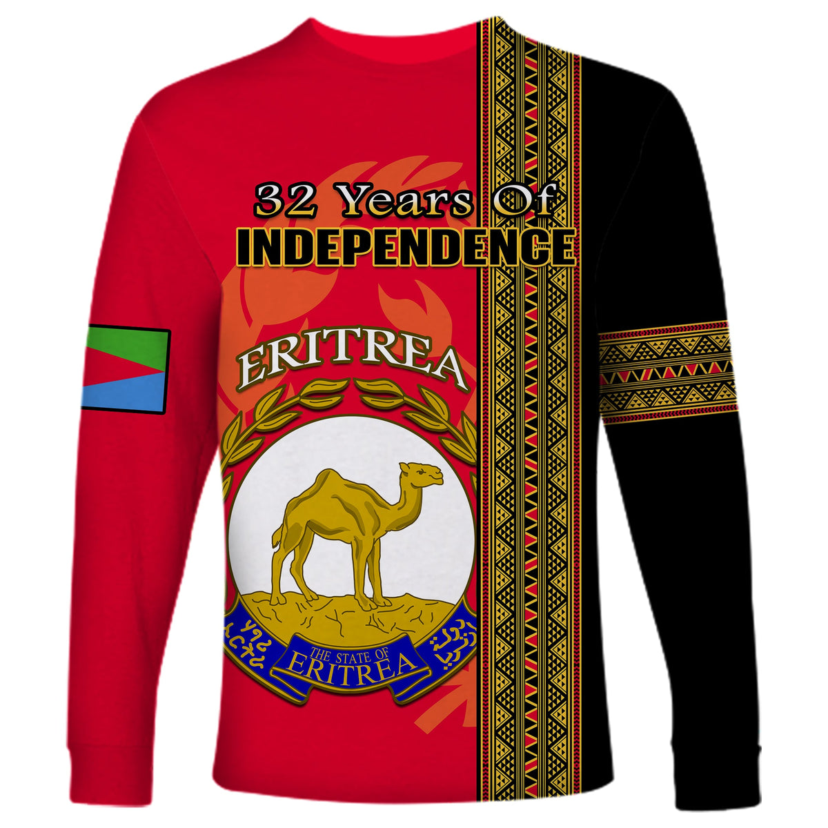 Red long-sleeve shirt with 32 years independence text, Eritrea crest, black side stripe