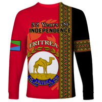 Red long-sleeve shirt with 32 years independence text, Eritrea crest, black side stripe