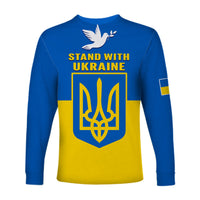 Unisex long sleeve shirt with back graphic: white dove, STAND WITH UKRAINE text