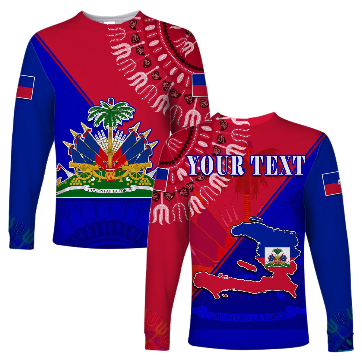 Long-sleeve Haiti dashiki shirt, red/blue with palm tree and shield graphic