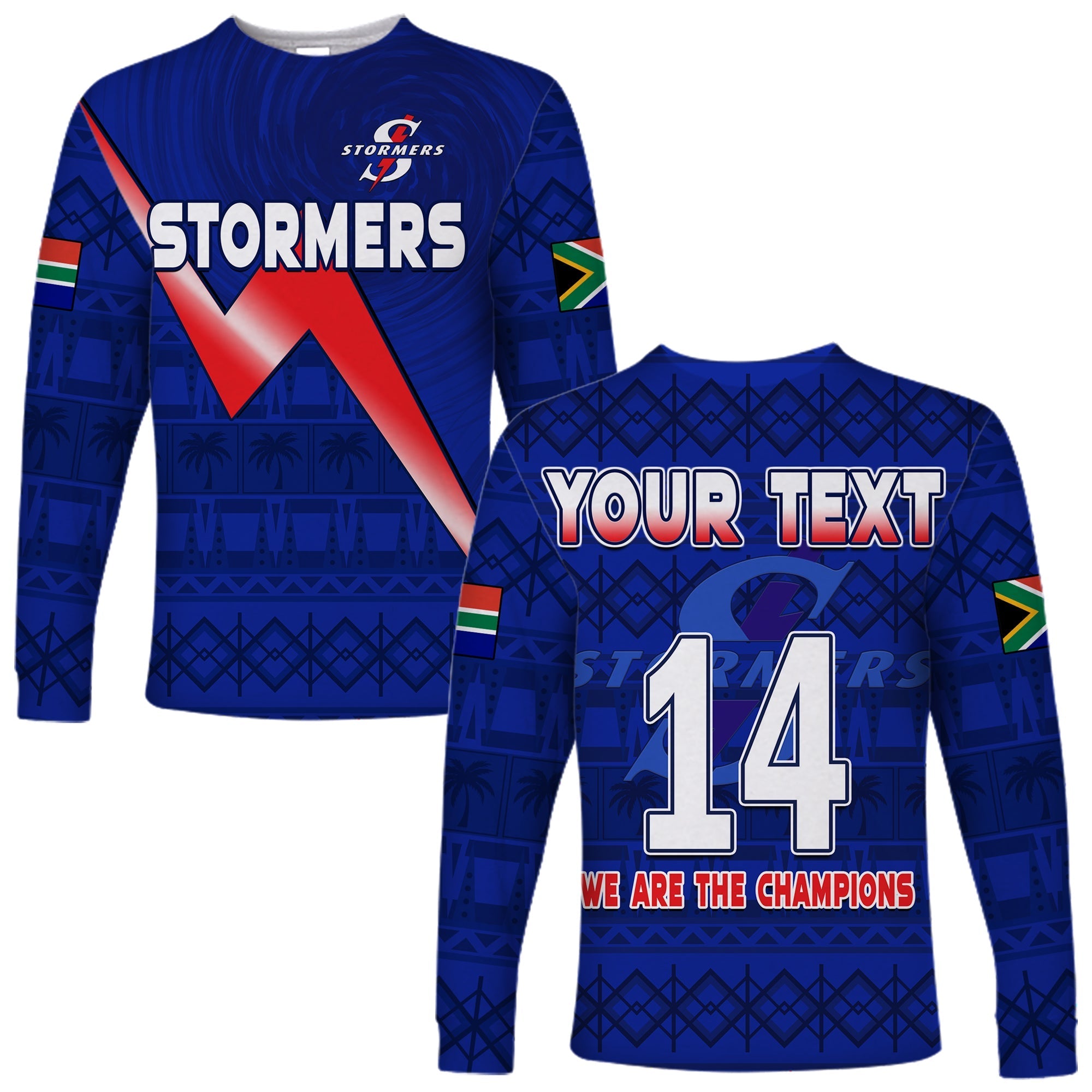 (Custom Text And Number) Stormers South Africa Rugby Long Sleeve Shirt We Are The Champions URC African Pattern - Wonder Print Shop