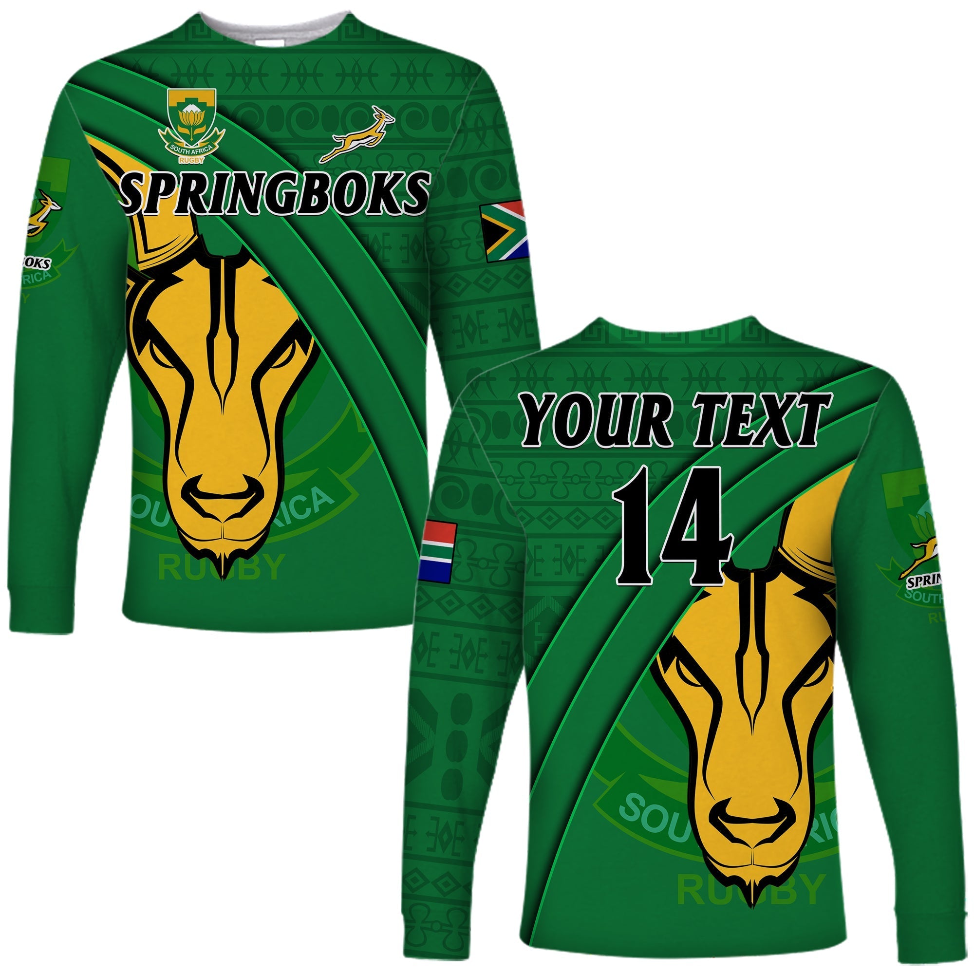 (Custom Text And Number) South Africa Rugby Long Sleeve Shirt Bokke Springbok With African Pattern Stronger Together - Wonder Print Shop