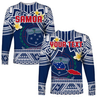 Blue long-sleeve Polynesian shirt pair with SAMOA and YOUR TEXT prints, plumeria