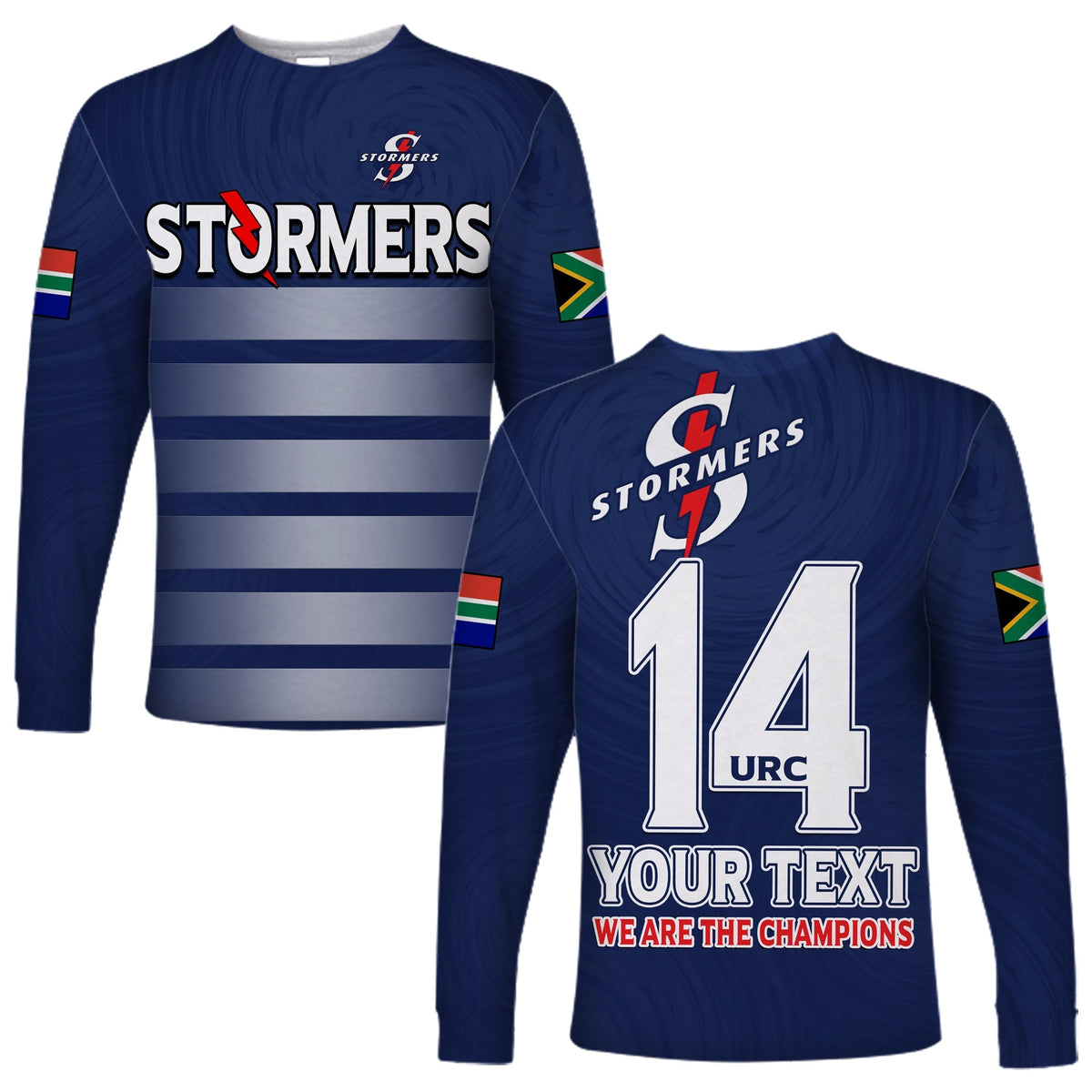 Blue Stormers long-sleeve rugby shirt with STORMERS text, striped panel, sleeve flags