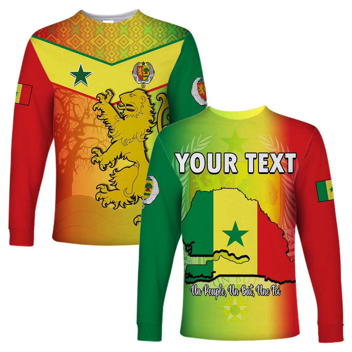 Unisex long-sleeve reggae shirt: Senegal lion graphic on front and sleeves