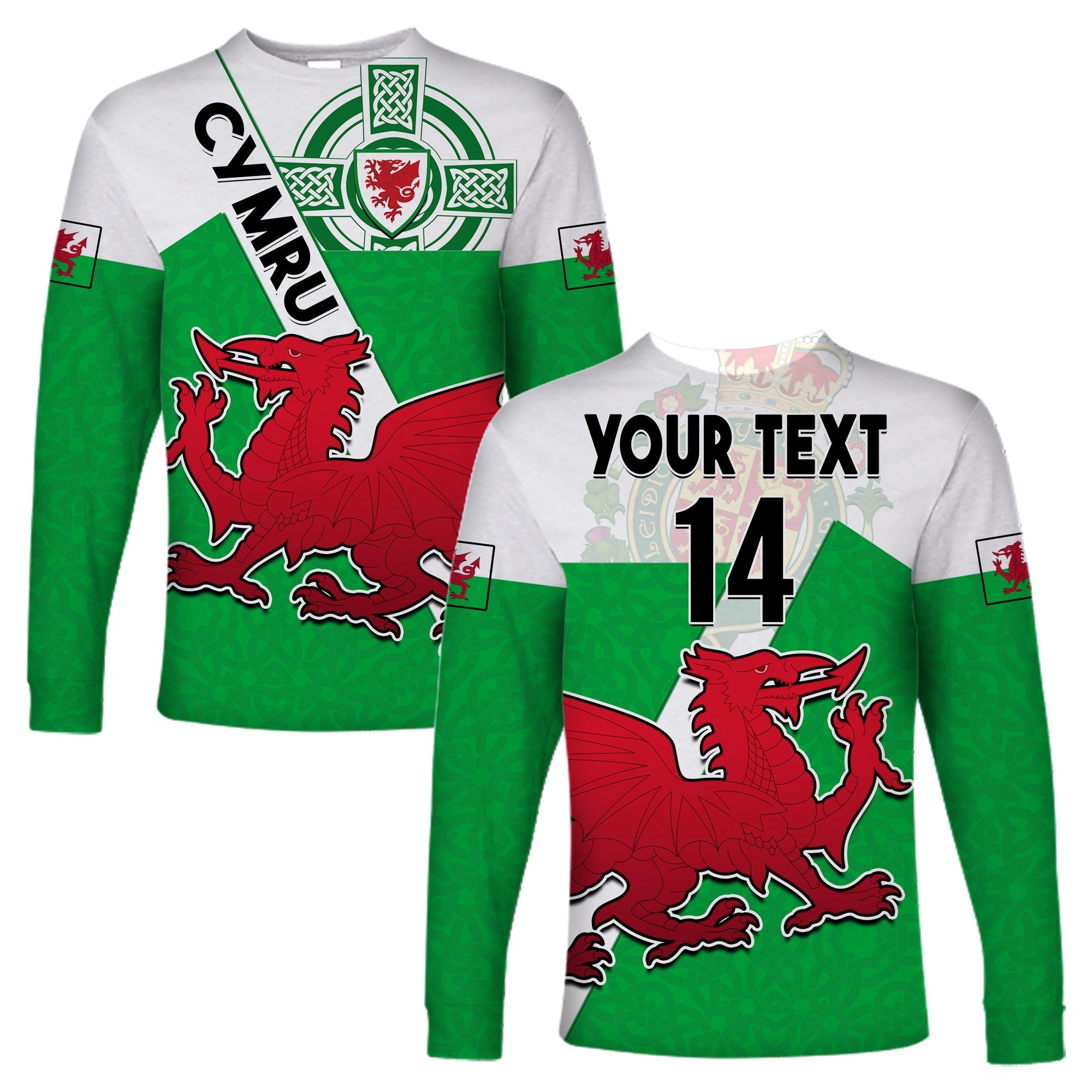 (Custom Text And Number) Wales Football Long Sleeve Shirt Come On Welsh Dragons With Celtic Knot Pattern - Wonder Print Shop