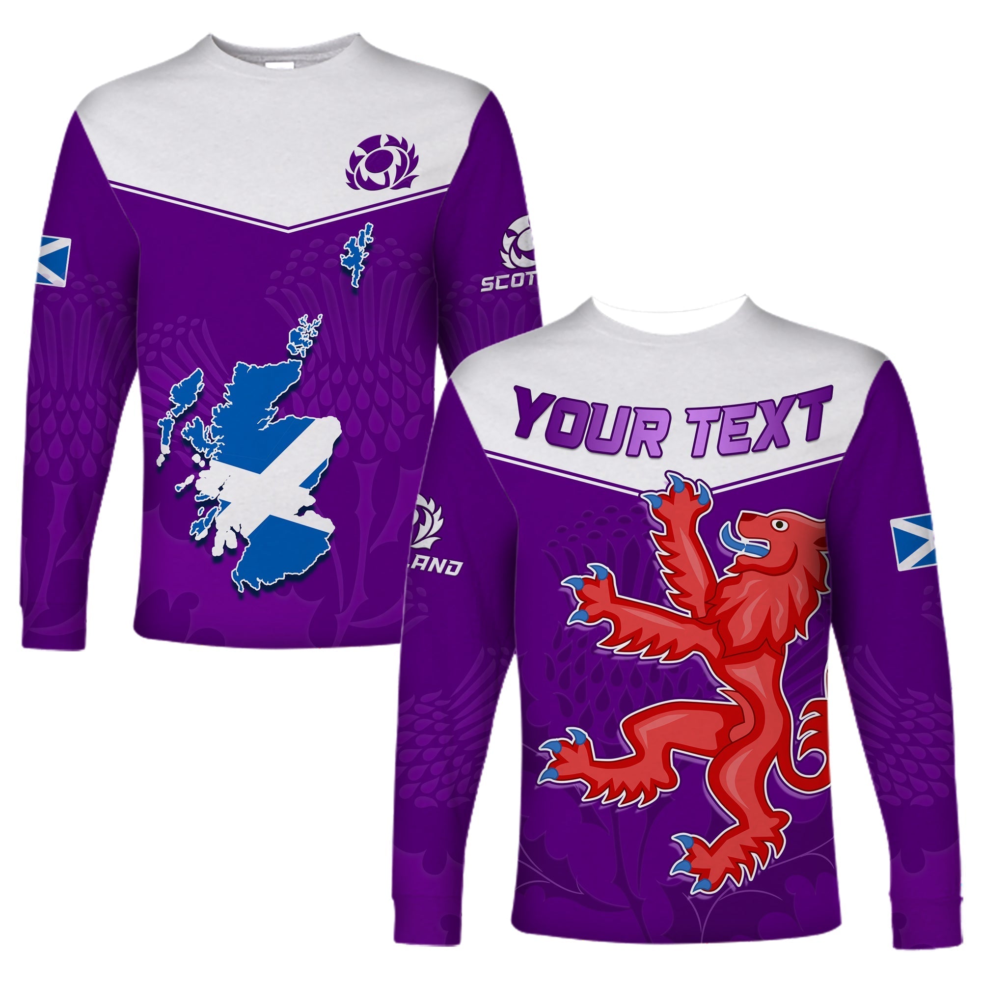 (Custom Personalised) Scottish Rugby Long Sleeve Shirt Map Of Scotland Thistle Purple Version - Wonder Print Shop