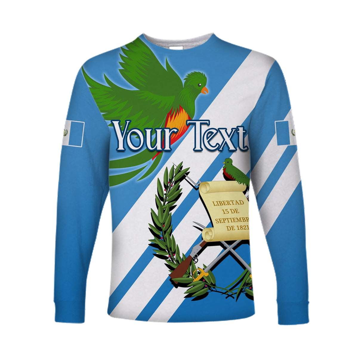 Unisex langarmshirt blau mit Quetzal-Motiv und Personalisierungs-Text vorne