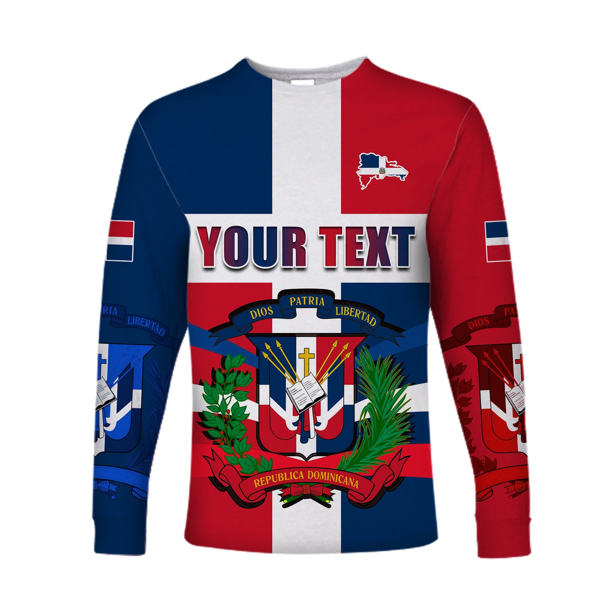 Camiseta manga larga bandera República Dominicana roja y azul, diseño escudo y tu texto