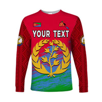 Red unisex long-sleeve shirt with Eritrea flag and custom text, tree emblem