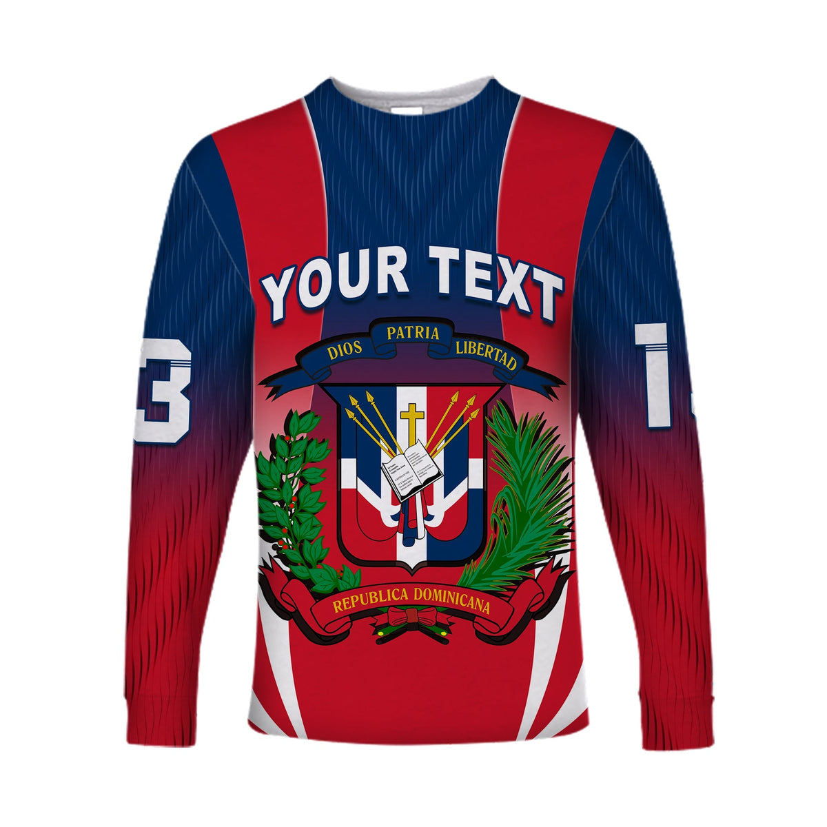 Camiseta manga larga azul unisex con franjas rojas y “YOUR TEXT” en el pecho