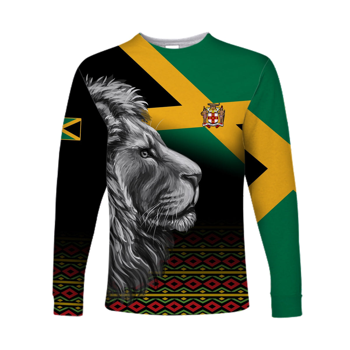 Black long-sleeve shirt with lion graphic, Jamaica flag colors, and patterned hem