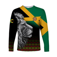 Black long-sleeve shirt with lion graphic, Jamaica flag colors, and patterned hem