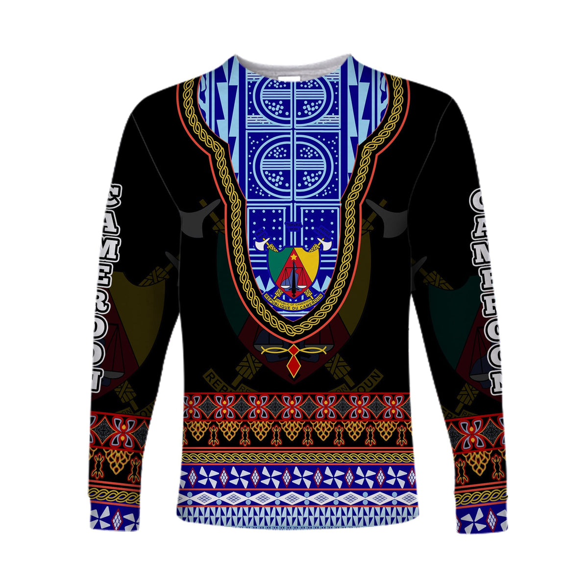 Black long-sleeve shirt with blue, red, gold Atoghu patterned front