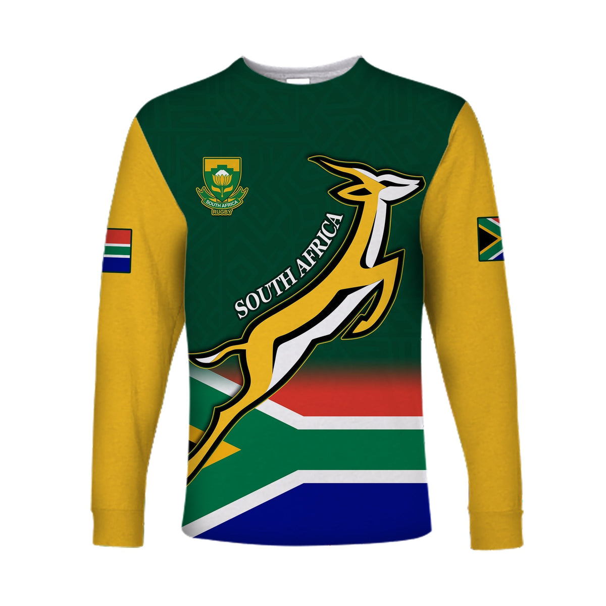 Green rugby long-sleeve shirt with yellow sleeves, South Africa rugby crest and map