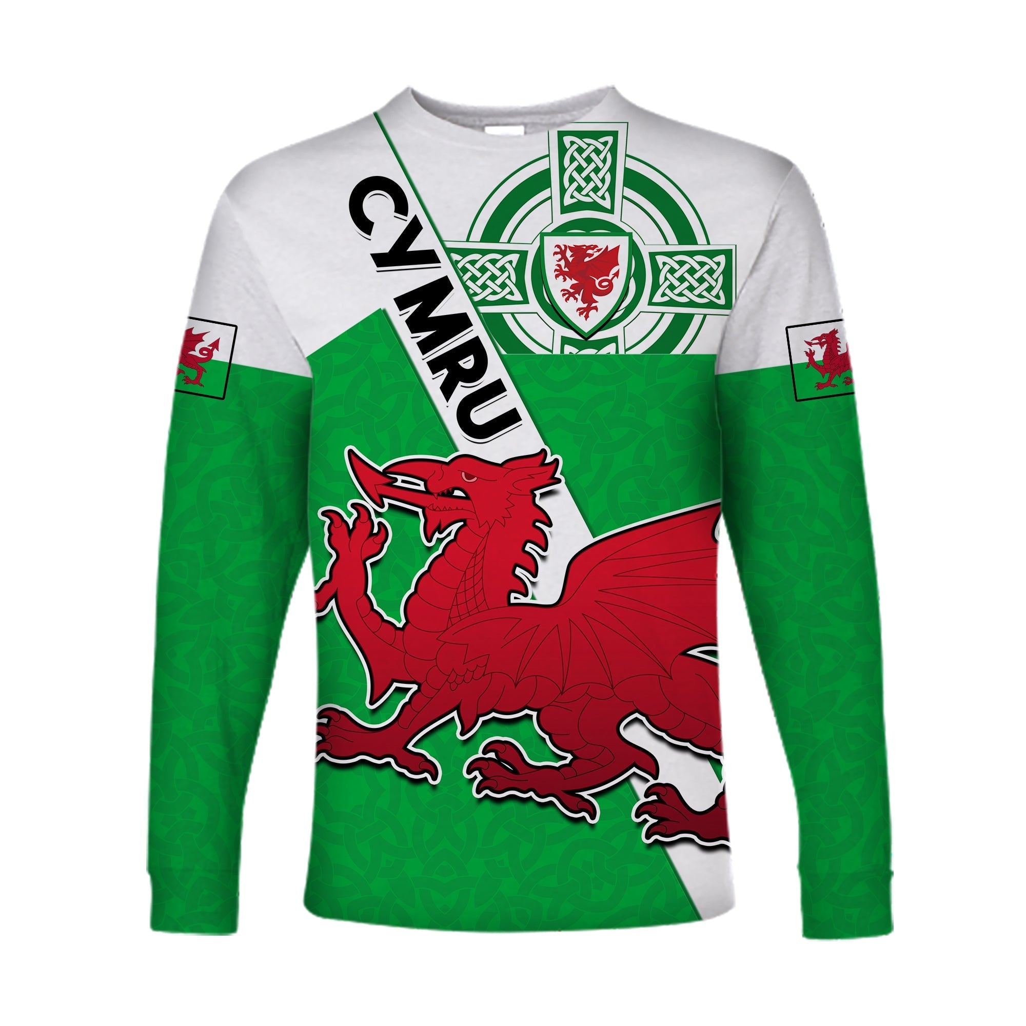 Wales Football Long Sleeve Shirt Come On Welsh Dragons With Celtic Knot Pattern - Wonder Print Shop