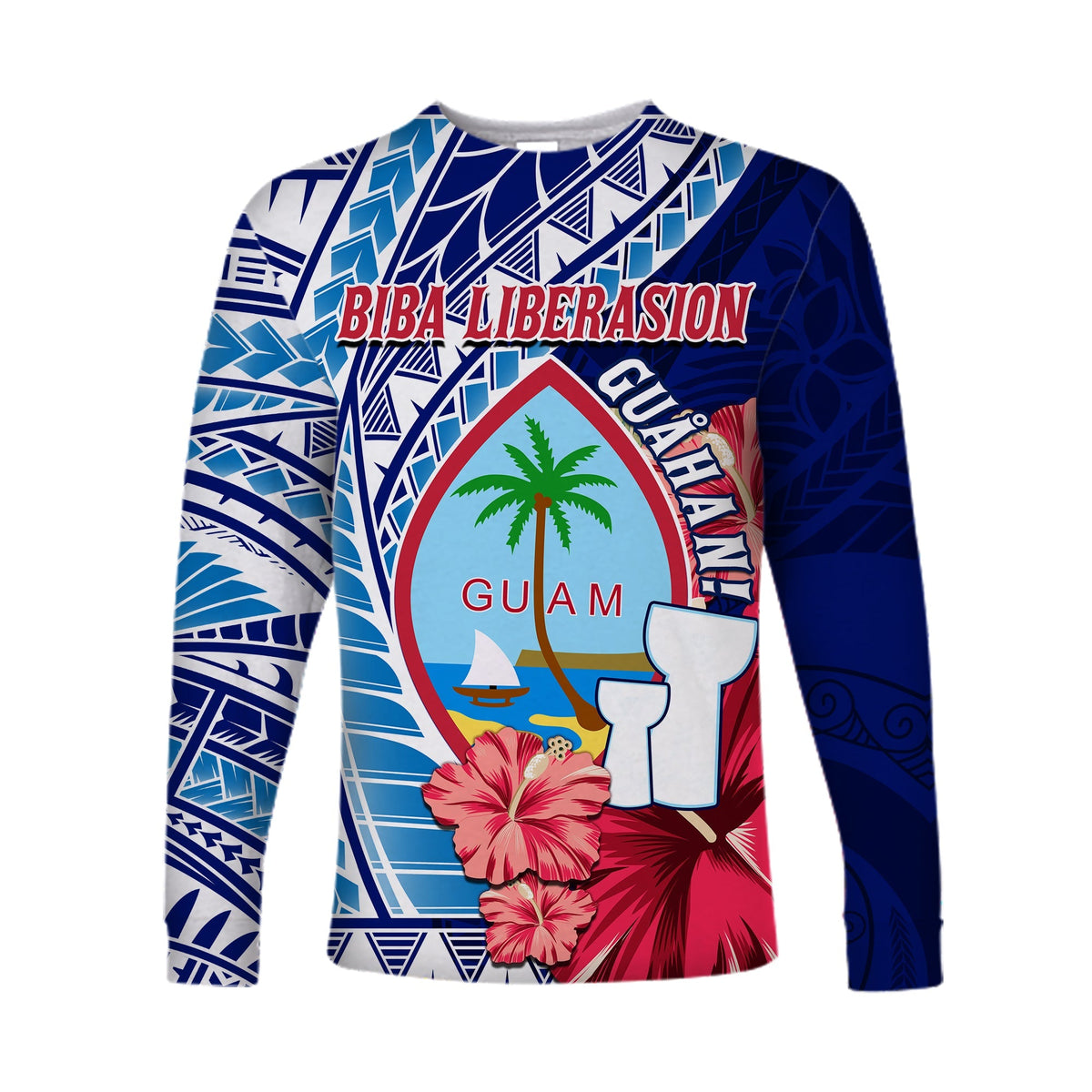 Blue long-sleeve unisex shirt: Biba Liberasion Guam graphic