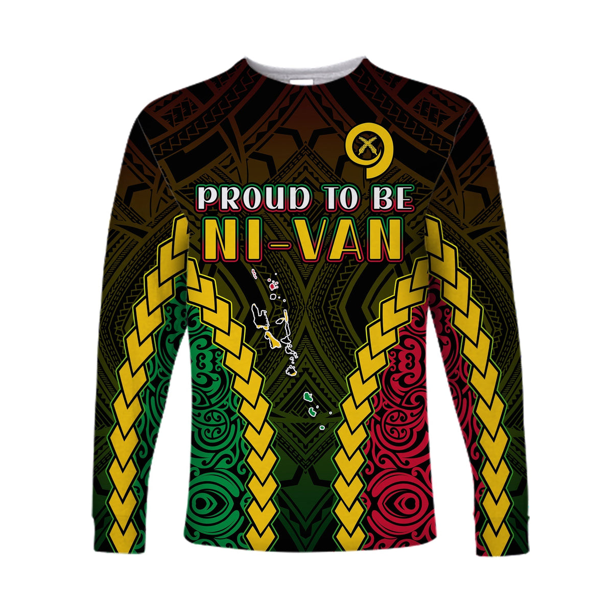Black unisex long-sleeve shirt, tribal pattern with 'proud to be ni-van' text